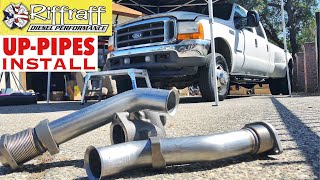 2001 F350 73  RiffRaff UpPipes Install  Stock up pipes leaking and falling apart JUNK SP [upl. by Frankie615]